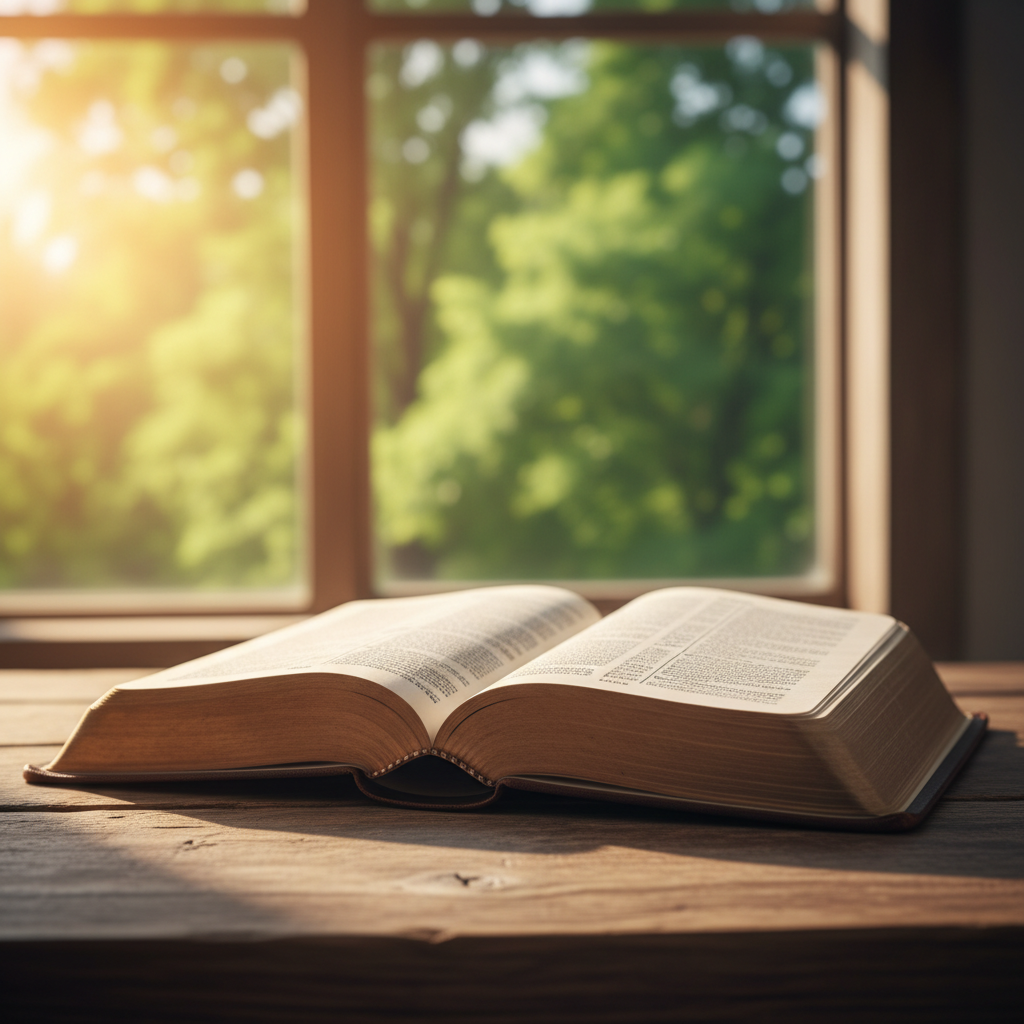 An open, well‑worn Bible lies on a rustic wooden table, its thin pages slightly curled at the edges, a soft leather cover gently creased from years of use. The book rests near a large window, where golden hour sunlight pours in, illuminating the open pages and creating a subtle halo of light around them. Outside the slightly blurred window, lush green trees sway in a gentle breeze, suggesting life and renewal. Photographic realism, close-up shot from a slightly elevated angle, shallow depth of field with the text implied but not readable. The atmosphere feels sacred, calm, and inviting, capturing the heart of preaching Jesus the healer in a professional, timeless setting.